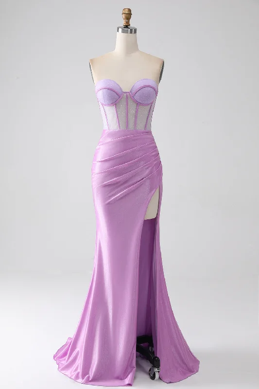 Cocktail dresses with a tiered skirt and a bow at the waistLilac Mermaid Strapless Corset Prom Dress with Slit Cocktail dresses with a tiered skirt and a bow at the waistLilac Mermaid Strapless Corset Prom Dress with Slit