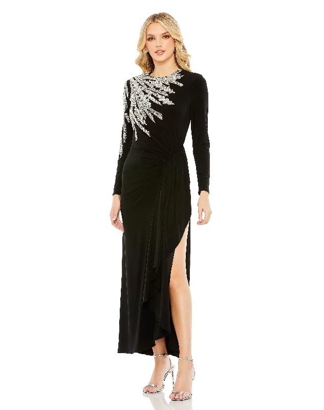 Mac Duggal 42050 Beaded Long Sleeve Formal Tea Length Dress