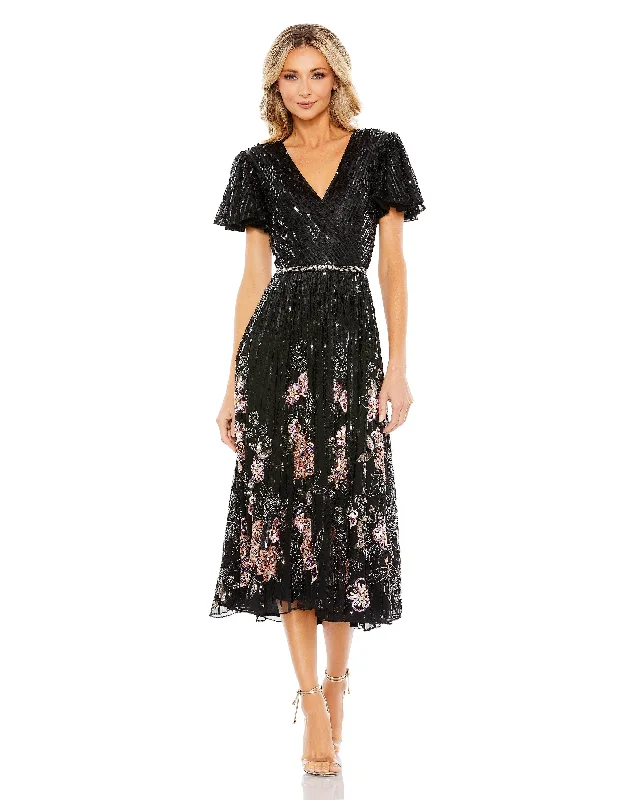Mini cocktail dresses with a glittery finish for a party - ready styleMac Duggal 5587 Short Sleeve Floral Tea Length Dress Mini cocktail dresses with a glittery finish for a party - ready styleMac Duggal 5587 Short Sleeve Floral Tea Length Dress