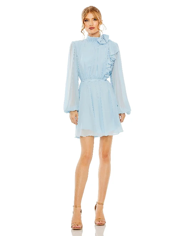 Lace - trimmed cocktail dresses in a pastel color for a soft appearanceMac Duggal 55878 Long Sleeve Short Cocktail Dress Lace - trimmed cocktail dresses in a pastel color for a soft appearanceMac Duggal 55878 Long Sleeve Short Cocktail Dress