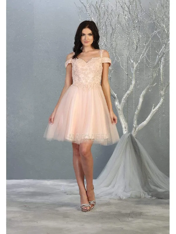 Satin cocktail dresses with a high - low hem for a modern touchMay Queen - MQ1809 Short Appliqued Off Shoulder Tulle Dress Satin cocktail dresses with a high - low hem for a modern touchMay Queen - MQ1809 Short Appliqued Off Shoulder Tulle Dress