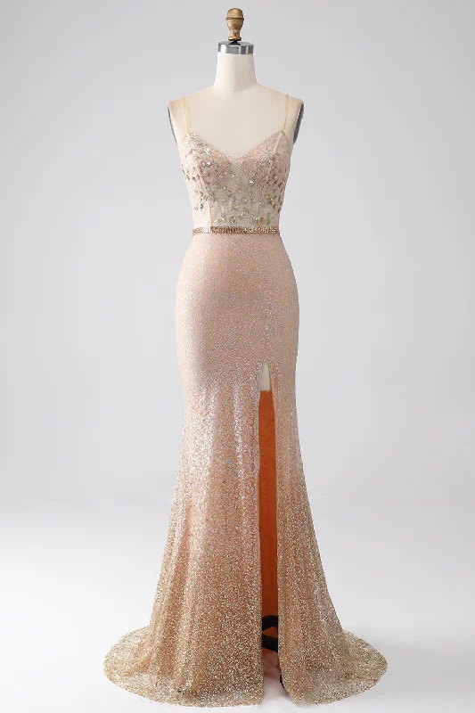 Cocktail dresses with a gathered skirt and a button - down frontMermaid Champagne Spaghetti Straps Long Prom Dress with Slit Cocktail dresses with a gathered skirt and a button - down frontMermaid Champagne Spaghetti Straps Long Prom Dress with Slit