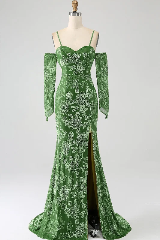 Sheer cocktail dresses with a lining and a short hemMermaid Off the Shoulder Olive Printed Long Prom Dress with Split Front Sheer cocktail dresses with a lining and a short hemMermaid Off the Shoulder Olive Printed Long Prom Dress with Split Front