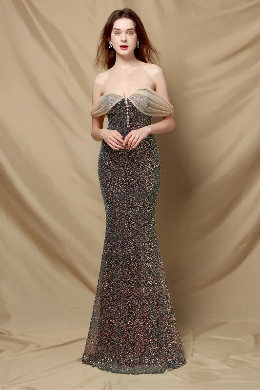 Cocktail dresses with a patchwork pattern and a mid - thigh lengthOff Shoulder Sequins Mermaid Prom Dress Cocktail dresses with a patchwork pattern and a mid - thigh lengthOff Shoulder Sequins Mermaid Prom Dress
