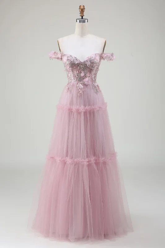 Printed cocktail dresses with geometric patterns for a contemporary aestheticOff the Shoulder Tulle Pink Prom Dress with Appliques Printed cocktail dresses with geometric patterns for a contemporary aestheticOff the Shoulder Tulle Pink Prom Dress with Appliques