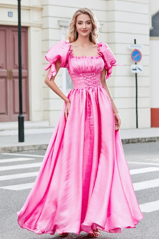 Geometric - printed cocktail dresses with a long - sleeve optionPrincess A Line Square Neck Hot Pink Long Prom Dress with Puff Sleeves Geometric - printed cocktail dresses with a long - sleeve optionPrincess A Line Square Neck Hot Pink Long Prom Dress with Puff Sleeves