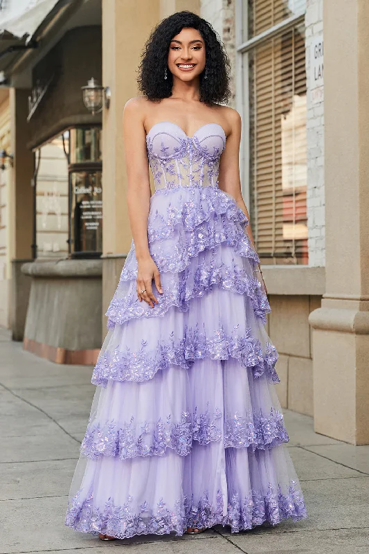 Cocktail dresses with a patchwork pattern and a mid - thigh lengthPrincess A Line Sweetheart Lavender Corset Prom Dress with Tiered Lace Cocktail dresses with a patchwork pattern and a mid - thigh lengthPrincess A Line Sweetheart Lavender Corset Prom Dress with Tiered Lace