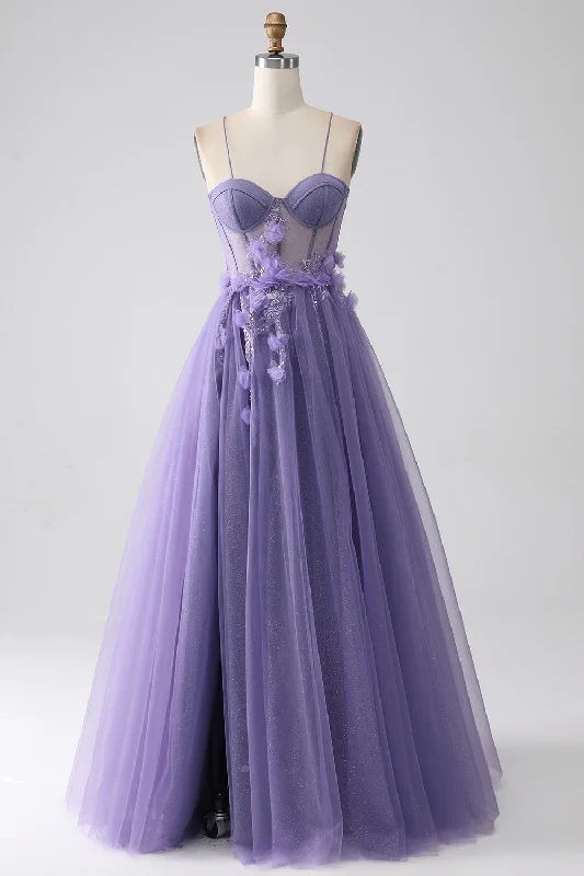 Satin - lined cocktail dresses with a lace outer layerPurple A-Line Spaghetti Straps Corset Prom Dress with 3D Flowers Satin - lined cocktail dresses with a lace outer layerPurple A-Line Spaghetti Straps Corset Prom Dress with 3D Flowers