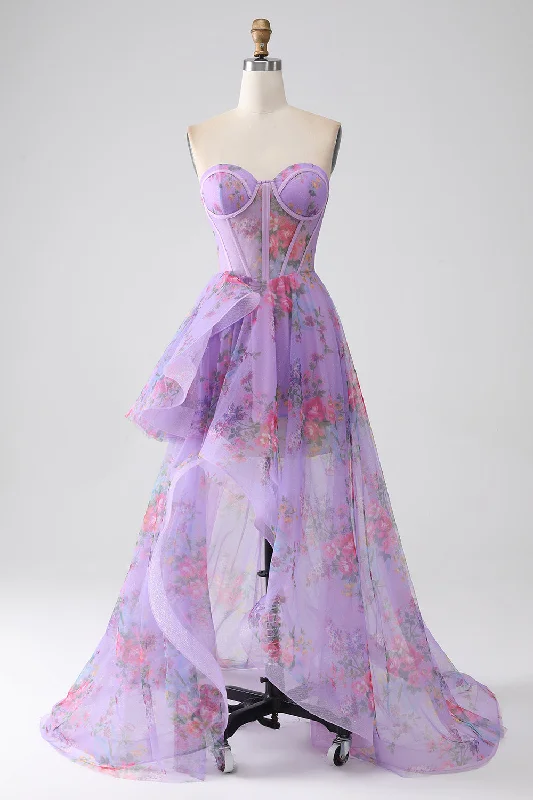 Mini cocktail dresses with a tiered ruffled skirt and a scoop neckPurple Printed Strapless Corset Prom Dress Mini cocktail dresses with a tiered ruffled skirt and a scoop neckPurple Printed Strapless Corset Prom Dress