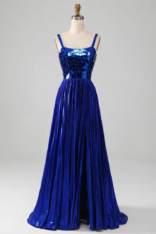 Sparkly Lace-Up Back Royal Blue Prom Dress with Slit