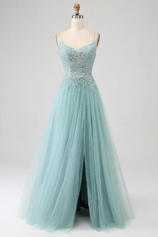Cocktail dresses with a metallic - embroidered pattern and a midi - hemSparkly Light Green A-Line Sequin Applique Corset Prom Dress With Slit Cocktail dresses with a metallic - embroidered pattern and a midi - hemSparkly Light Green A-Line Sequin Applique Corset Prom Dress With Slit