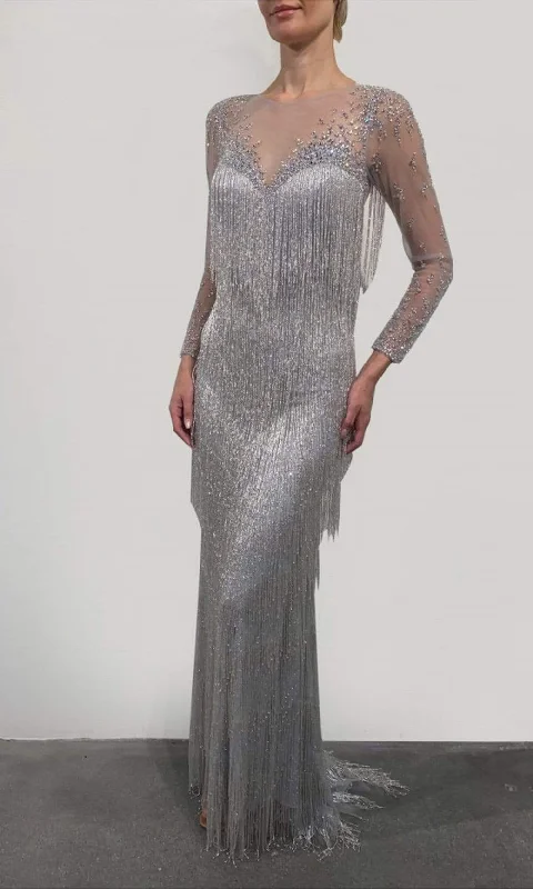 Formal dresses with off - the - shoulder sleeves and rhinestone accents for a sophisticated promTerani Couture - 2111GL5037 Crystal Beaded Fringe-Ornate Gown