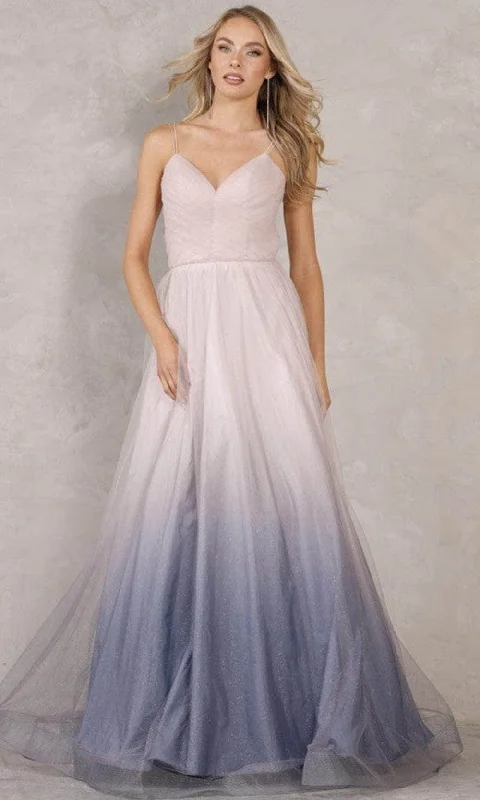 Long - sleeved formal dresses in velvet for a winter formal eventTerani Couture - 2111P4114 V-Neck Ombre A-Line Gown