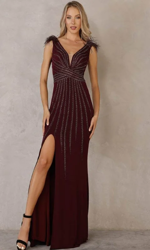 Prom dresses with metallic - colored fabrics and beaded embroidery for a glamorous promTerani Couture - 2215P0036 V-Neck Beaded Sheath Gown