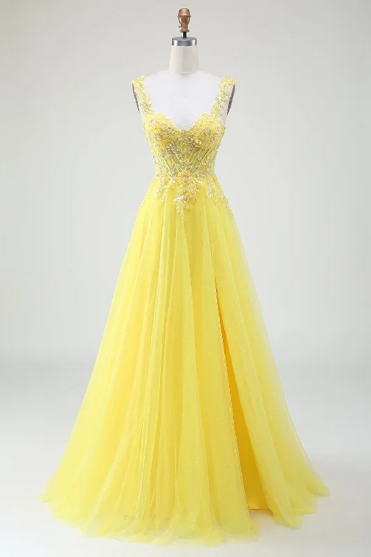 Ribbed - texture cocktail dresses with a cap - sleeve designTulle Beaded Yellow Corset Prom Dress with Slit Ribbed - texture cocktail dresses with a cap - sleeve designTulle Beaded Yellow Corset Prom Dress with Slit
