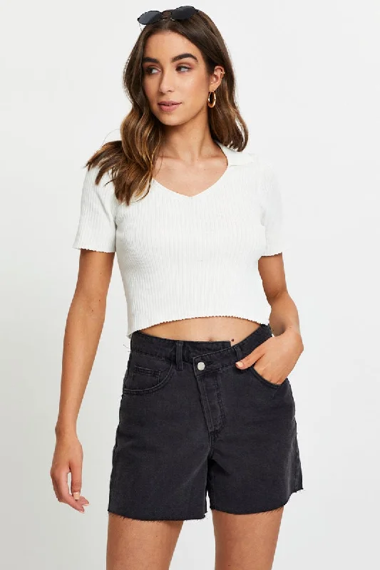 Embroidered Women Shorts with Intricate DesignsBlack High Rise Asymmetric Denim Shorts