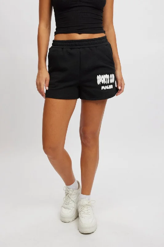 Belted Women Shorts to Enhance the WaistlineBlack Track Shorts High Rise Elastic Waist