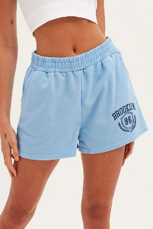 Belted Women Shorts to Enhance the WaistlineBlue Track Short Sweat Brooklyn Varsity Embroidery