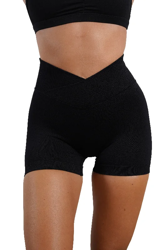Denim Women Shorts with Distressed Details for a Casual VibeCORE V-WAIST MINI SCRUNCH SHORTS - BLACK