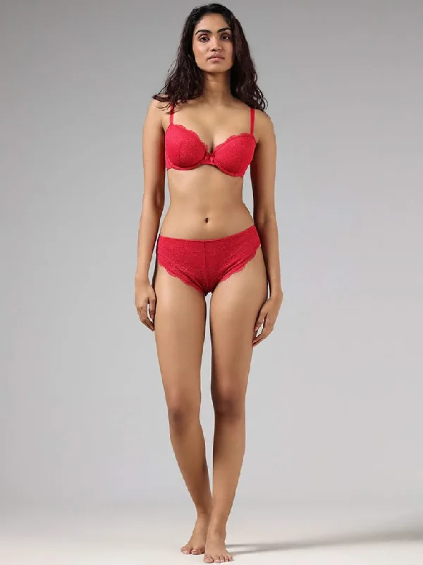 Cuffed Women Shorts for a Laid - Back and Trendy LookWunderlove Dark Red Cotton Blend Lace Insert Brazilian Brief
