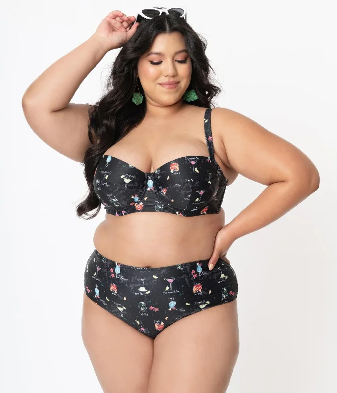 Plus size swimwear with underwire supportCollectif Plus Size Black & Cocktail Menu Print Swim Bottom
