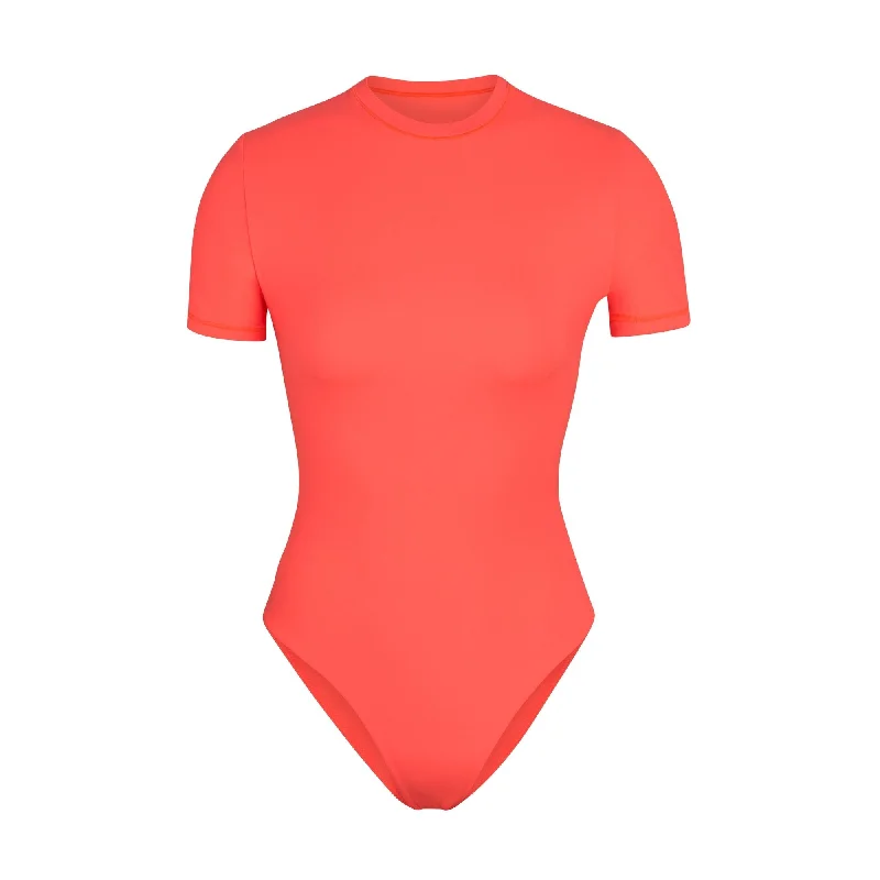 Crop Bodysuits to Pair with High - Waisted BottomsFITS EVERYBODY T-SHIRT BODYSUIT | NEON CORAL Crop Bodysuits to Pair with High - Waisted BottomsFITS EVERYBODY T-SHIRT BODYSUIT | NEON CORAL