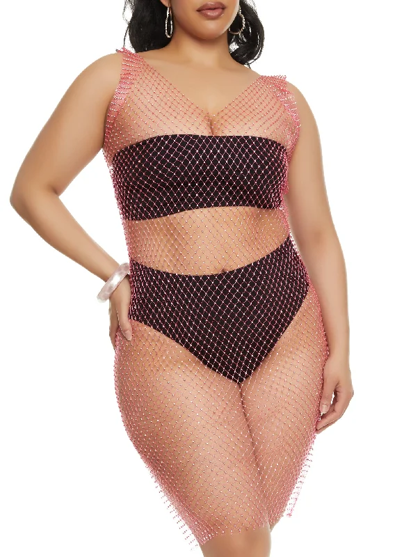 Plus size swimwear for pear-shaped figuresPlus Size Rhinestone Fishnet Cover Up Dress