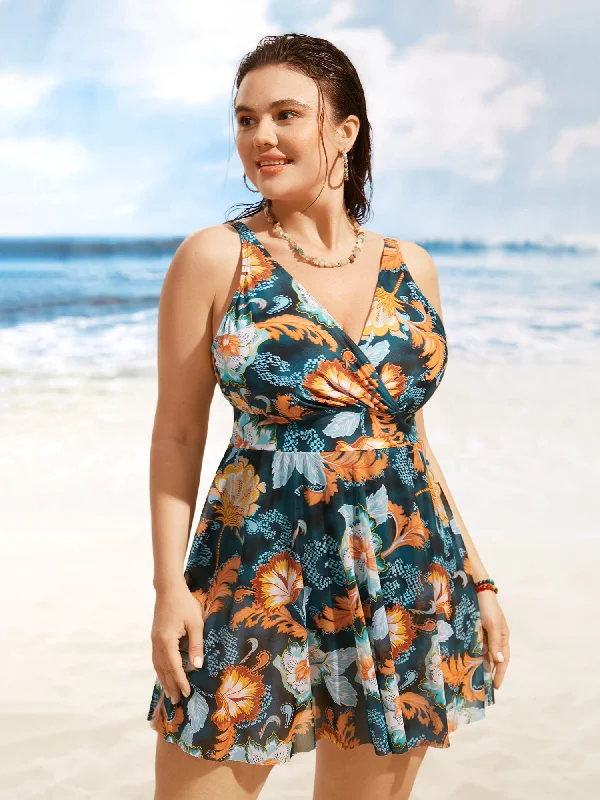 Swim sets with fringe for a fun and flirty lookOverlap Collar Contrast Floral Mesh Swim Dress Swim sets with fringe for a fun and flirty lookOverlap Collar Contrast Floral Mesh Swim Dress