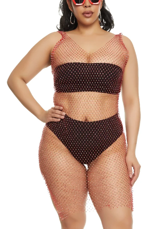 Plus size one piece swimsuits with tummy controlPlus Size Rhinestone Fishnet Cover Up Dress