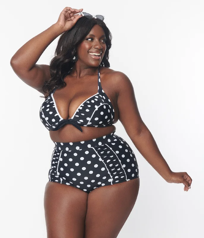 Unique Vintage Plus Size Black & White Polka Dot Halter Swim Top