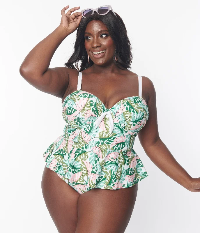 Unique Vintage Plus Size Green Monstera Print Solana Tankini Swim Top