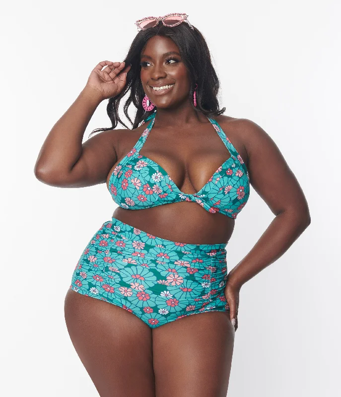 Unique Vintage Plus Size Teal Flower Child Monroe Halter Swim Top