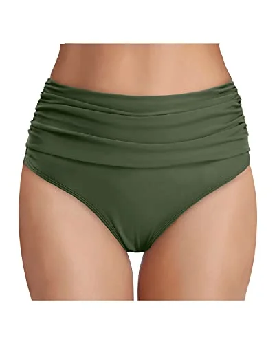 Metallic - finish bikini for a glamorous and eye - catching poolside lookHigh Waisted Ruched Swim Shorts Tummy Control Bikini Bottom-Army Green Metallic - finish bikini for a glamorous and eye - catching poolside lookHigh Waisted Ruched Swim Shorts Tummy Control Bikini Bottom-Army Green