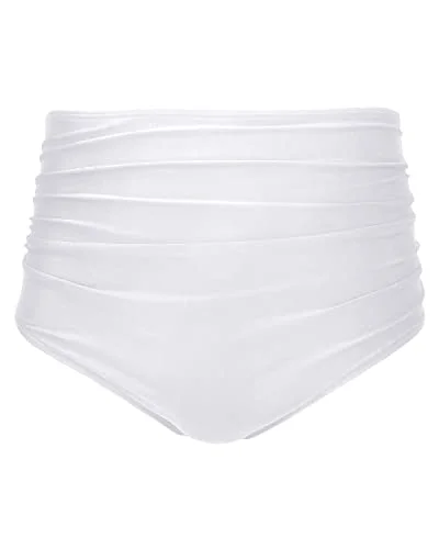 Full Coverage High Waisted Bikini Shirred Tankinis Brief-White